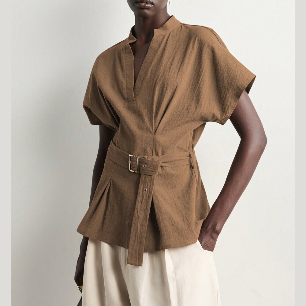 Tan Cotton Belted Notched Neck Tunic Blouse with Pleated Hem